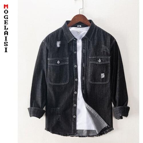 Black Denim men shirt 100% cotton solid high quality man tops long sleeve casual shirt for man Camisa masculina Asian size 860