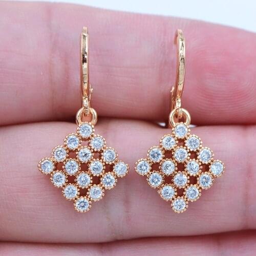 Gold Color AAA+ Cubic Zirconia Women Fashion Clear CZ Square Grid Dangle Earrings Jewelry