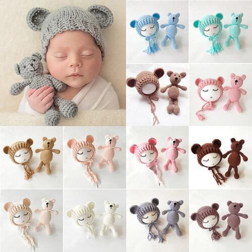 Newborn Baby Hats Photography Prop Knit Costumes Little Bear Hat and Doll Photo Props Baby Vrochet Clothes Outfit Accessories