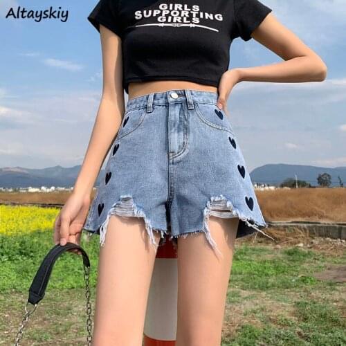 Shorts Women Fashion Casual Summer Cool Heart Embroidery Denim High Waist Sexy Tassel Korean Style Streetwear Chic Ladies Bottom