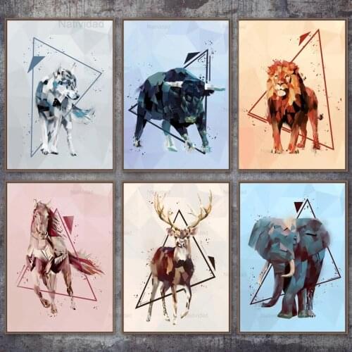 Nordic Canvas Painting Geometry Elephant Lion Wolf Bear Deer Posters and Prints Wall Art Animal Pictures Living Room Decoration