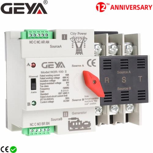 GEYA W2R-3Pole Din Rail Mounted Automatic Transfer Switch Three Phase ATS 100A Power Transfer Switch