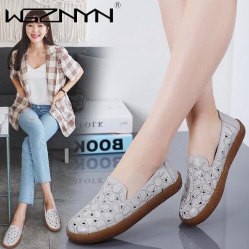 Fashion Women Mother Genuine Leather Shoes Woman Soft Bottom Shoes Flats Ladies Hollow Out Beach Shoe Quality Gladiator Sneakers