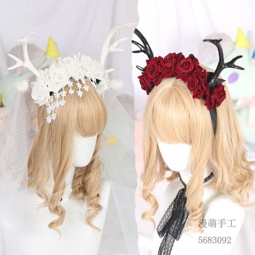 Gorgeous Wedding lolita antler KC Hair Hoop Mori style Fairy Wind christmas party Cosplay Rose Flower Antlers Headwear Props