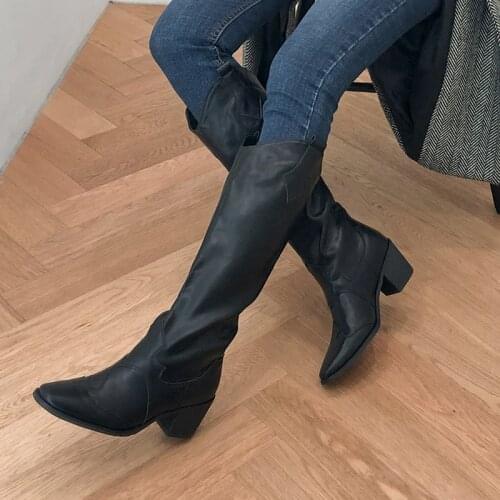 2020 Autumn and Winter Black Knee Ladies Square Toe Thick Heel High Boots All-match Fashionable Boots Ladies Size 33-42