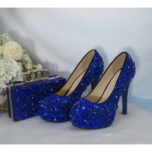 BaoYaFang Royal Blue Crystal Bridal Wedding Shoes And Bag Woman High Platform Shoes Big size Round Toe Party wedding shoes Women