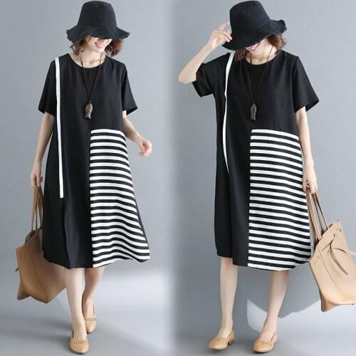 Korean Dress 2019 Fashion Casual Sundresses Female Loose Oversize Robe Patchwork Striped Black WomenS Asymmetric Dresses TA1536