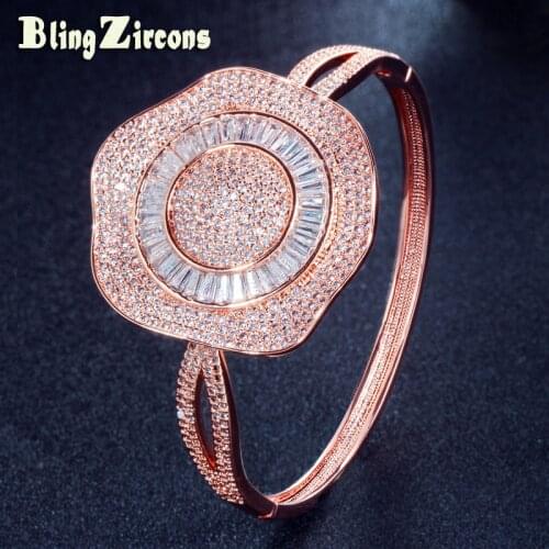 BeaQueen Oversize Flower Bridal Wedding Bangles Rose Gold Color Micro Pave Cubic Zirconia Women Party Jewelry for Gift B146