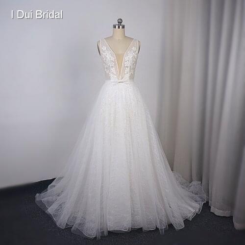 Deep Neckline Sparkle Wedding Dress A Line High Quality Bridal Gown with Low Back Factory Custom Make