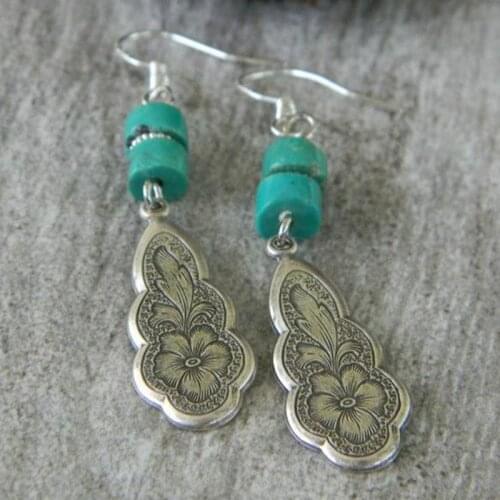 Filigree Flower Art Carved Turquoises Earrings Vintage Tribal Drop Dangle Boho Ethnic Earrings Ancient Tibetan Ornate Jewelry