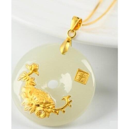 Hetian Jade Safety Button Pendant Jade Ping An Kou Necklace Lovers Lucky Amulet 24K Gold Jewelry Wholesale Chinese Fine Jewelry