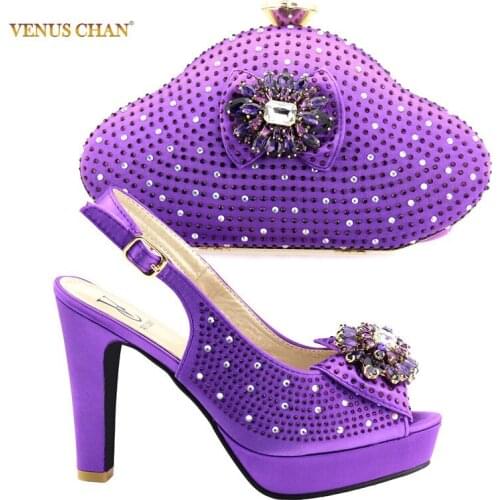 Purple Shoe and Bag Set Decorated with Rhinestone High Quality Women Shoe and Bag To Match for Parties Nigerian Shoe and Bag Set
