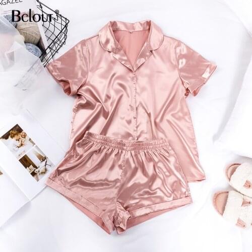Bclout Pink Silk Casual Home Wear Women Suit Elastic Waist Shorts Satin Button Up Shirt Female Two Piece Set Short Sleeve 2021