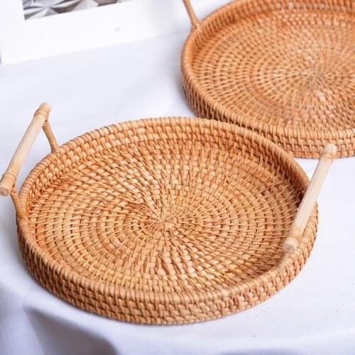 Hand-Woven Round Rattan Tray Fruit Snacks Storage Basket Organizer with Handle