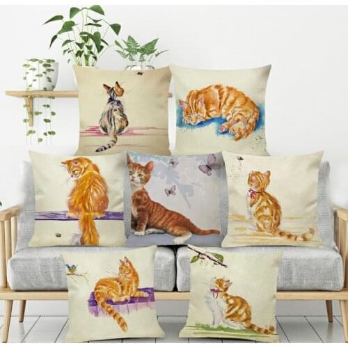 Cute Watercolor Pastoral Cat Painted Cushion Cover 45x45 Polyester Pillowcase Decorative Sofa Cushions Pillowcover Home Decor