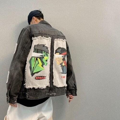 Dark Gray Mens Loose Denim Jacket Appliques Cartoon Pattern Casual Coat Safari Style C10