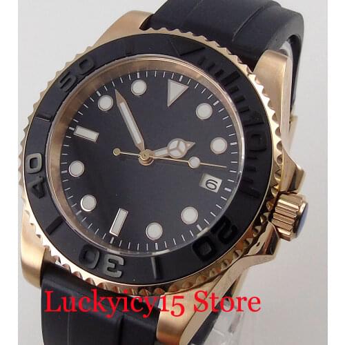 BLIGER Black Dress Rose Gold Coated NH35A Nologo Dial Selfwinding Men Watch No Magnifier Unidirectional Bezel Ring YM Insert