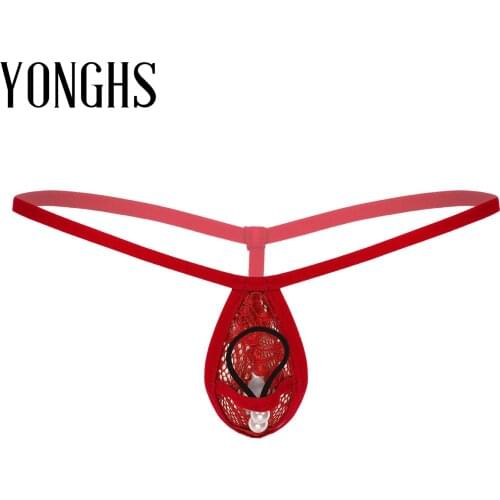 Mens Artificial Pearls/Bead Decor Underwear Lingerie G-String Thongs Briefs Bulge Pouch T-back See Through Lace Sexy Panties