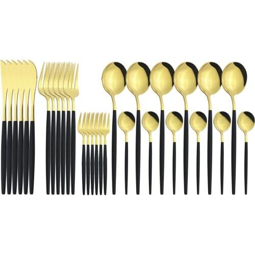 30Pcs Black Gold Cutlery Set Stainless Steel Dinnerware Knives Cake Forks Coffee Tea Spoon Tableware Kitchen Silverware Flatware