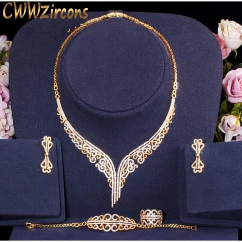 CWWZircons 4 pcs Vintage Elegant Cubic Zirconia Wedding Bridal Jewelry Set African Ethiopian Gold Color Costume Accessories T417