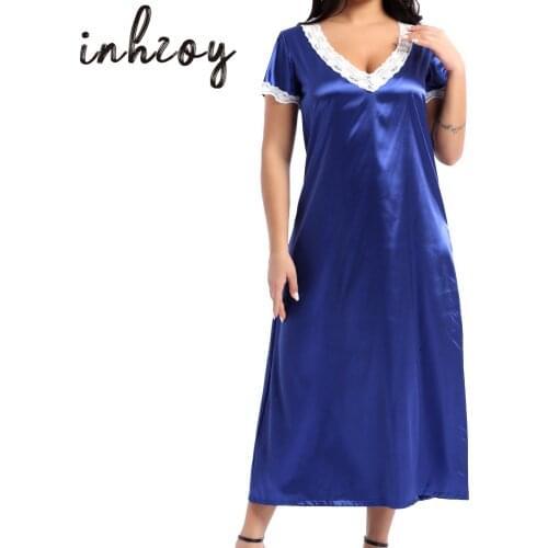 Lace Trim Sleepwear Womens Soft Satin Nightgown Loose Short Sleeve Nightdress