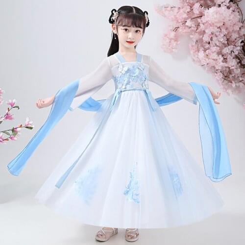 Girls Long sleeves Hanfu Ancient Style Embroidered Party Dress Flower Childrens Wear Evening Dress Role playing Costume