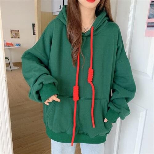 Oversized Thick Women Sweetshirts Fashion Pullover Ladies Fleece Lining Long-sleeved Loose Casual Hip-hop Solid Color Hoodie