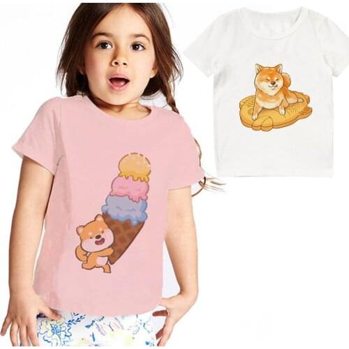 Unisex Shiba Inu Girls Clothes Streetwear Kids Tops Ice Cream Print Toddler Girl Shirts Cute Boy Shirt 2 3 4 5 6 7 8 9 Years Old