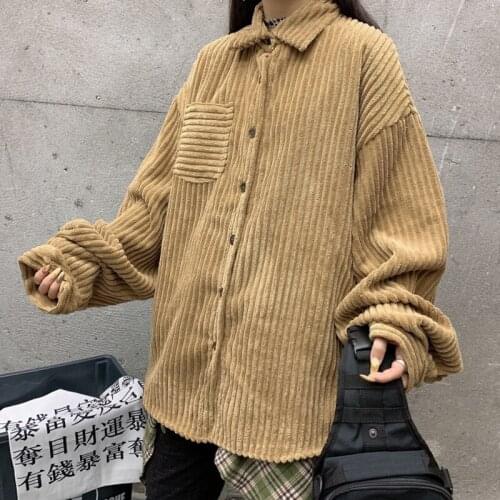 Retro corduroy striped shirt for men and women Harajuku style couples loose and versatile long-sleeved lapel jacket