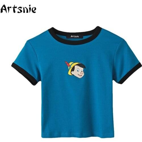 Artsnie disney cartoon t shirt women summer 2020 o neck short sleeve crop top female sweet streetwear slim cotton t-shirts femme