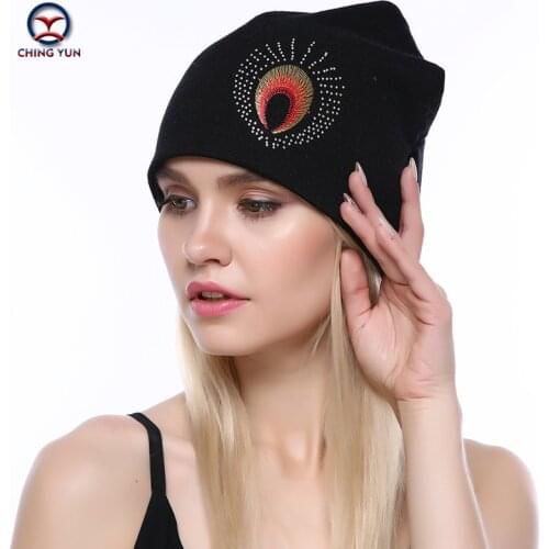 CHING YUN Women Cashmere knit hat new soft Winter Warm Peacock pattern embroidery High Quality Female Solid Color Knitted Hat