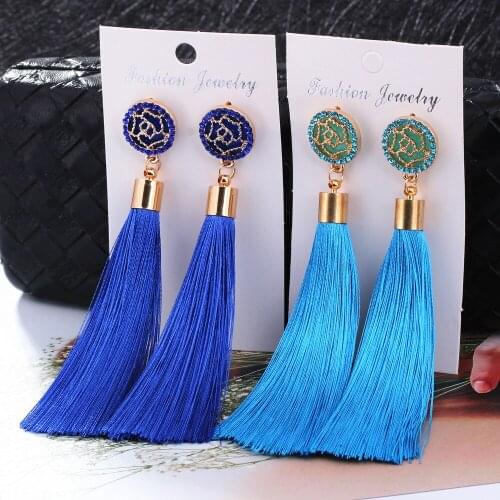 Bohemian Crystal Tassel Earrings Black White Blue Red Pink Silk Fabric Long Drop Dangle Tassel Earrings For Women Jewelry