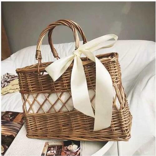 New Bohemian Rattan Womens Bag Fashion Hollow Silk Scarf Bowknot Female Handbag Summer Straw Beach Bag Designer Shopper Purse