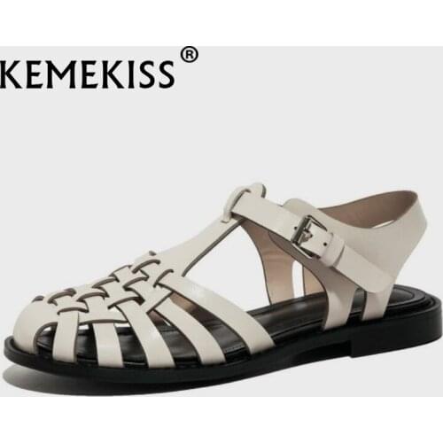 KemeKiss Real Leather Women Sandals 2021 New Fashion Buckle Strap Flats Summer Shoes For Woman Casual Daily Footwear Size 34-39
