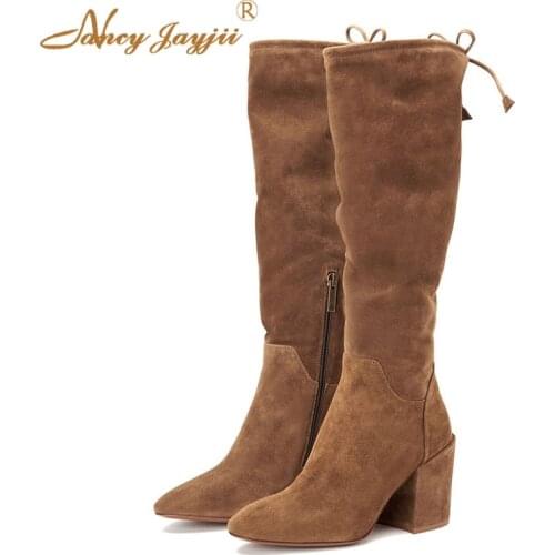 Flock Women Shoes Adult Boots Ladies knee-High Super High Square Heels Solid Round Toe Zipper Leisure Mature Lace-Up Basic 2019