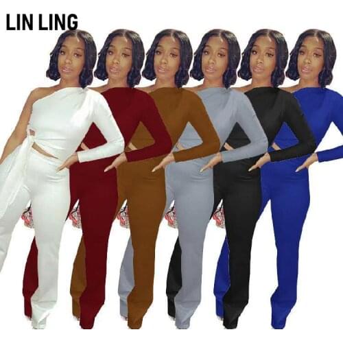LINLING Casual Women Two Piece Set One Shoulder Crop Top+ Short Pants Split Out Summer Clothes For Women Solid Color