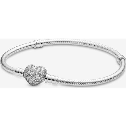 100% S925 Sterling Silver Moments Sparkling Heart Clasp Snake Chain Bracelet Fashion Jewelry Argent 925 Bracelets for Women