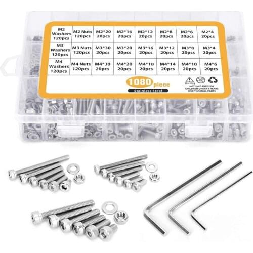 1080Pcs/Box M2 M3 M4 304 Stainless Steel Cylinder Head Hexagon Socket Screw 12.9 Cup Head Hexagon Socket Nuts Combination Set