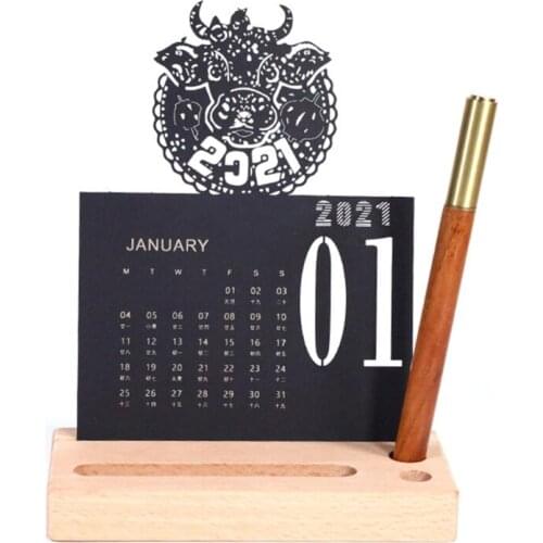 2021 Chinese New Year 3D Desk Calendar Engraving Crafts Writing Pen Wooden Base Decoration Crafts Ornaments Decoration