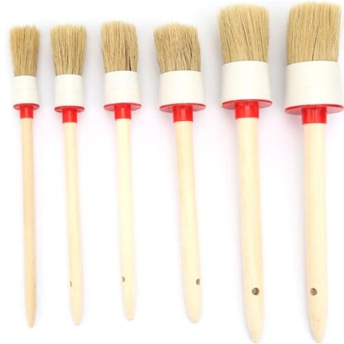 6PCS Bristle Hair Round Head Paint Car Wash Brush Wooden Handle Car Detailing Brush Oil Painting Brushes