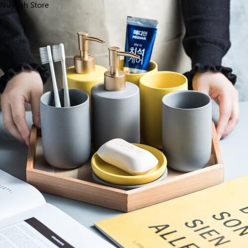 Household Bathroom Supplies Simple Solid Color Ceramic Lotion Bottle Mouthwash Cup Soap Dish Bathroom Decoration Accessories