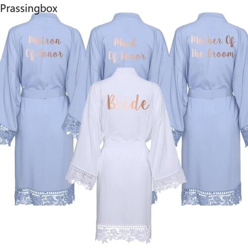Rayon Cotton Lace Robe Print Custom Bride Robe Bridesmaid Robes Women Wedding Bridal Robe Bathrobe Sleepwear Light Blue Robe