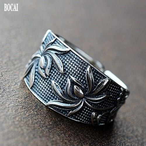 BOCAI Classical lotus new solid pure 925 silver open ring vintage Thai silver ring for women s925 silver woman ring