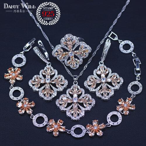 Silver color set Natural Champagne Cubic Zirconia Jewelry Sets For Women Earrings With Stones Necklace Bracelets Sets