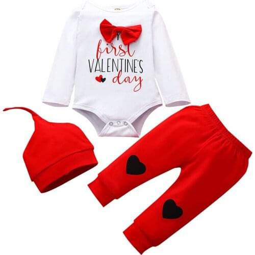 Unisex Baby First Valentines Day Outfits Clothes Set for Baby Boys Red Bow Love Romper+Hat+Pants Suits Infant Plaid Clothing 9M