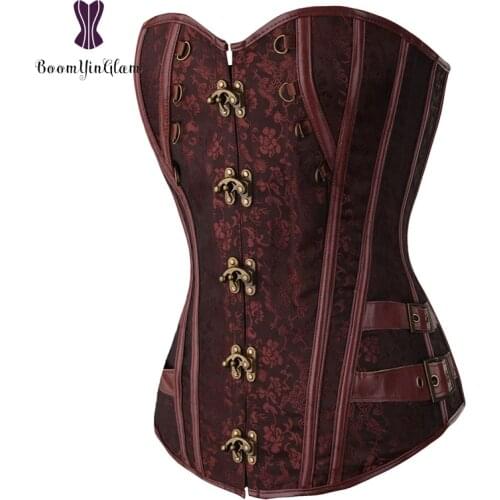 Waist Trainer Brocade Steampunk Jacquard Faux Leather Studded Overbust Brown Corset Bustier With Chains S-6XL 916