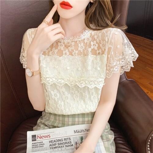 Fairy Tale Lace Shirt New Brim 2021 Summer Joker Crochet Falbala Frock O-Neck Tops Short Sleeve Flower Office Lady Appliques