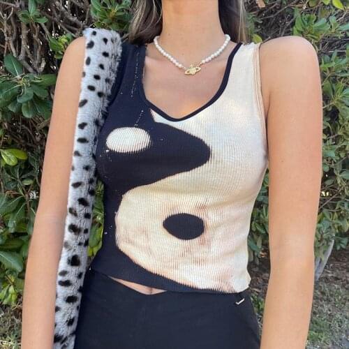 Summer Casual Yin Yang Tank Tops 2021 Newest Chinese Style Sleeveless O-Neck Wild Color Block Rib Knitted Cropped Vest