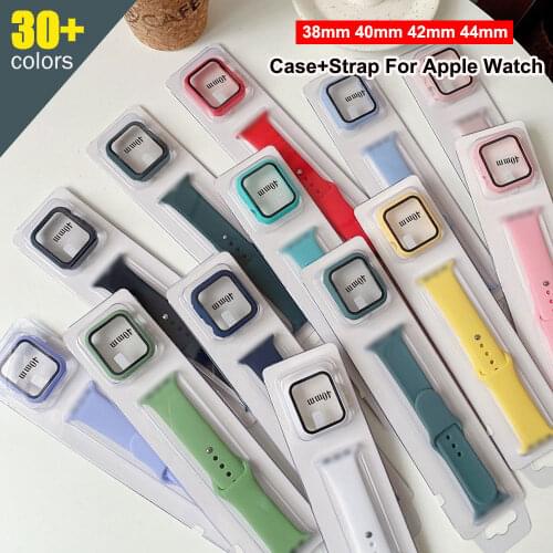 Glass+Case+Strap For Apple Watch Band 44mm 40mm SE 6 5 4 Soft Silicone Smartwatch Watchband Bracelet iWatch 3 2 1 38mm 42mm Band