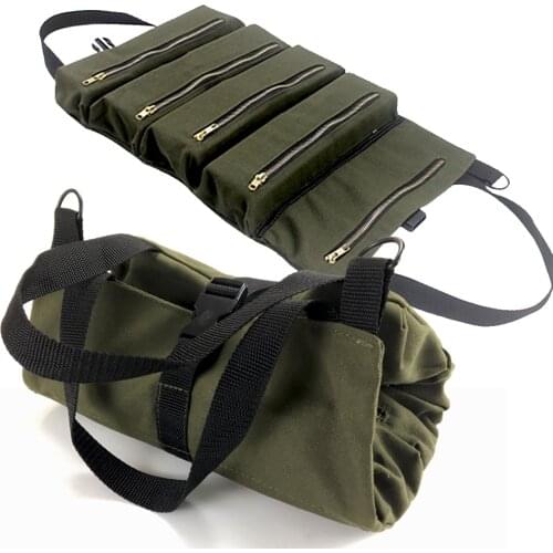 Tool Roll Up Bag Zippered Bag 5 Pockets Canvas Tool Organizer Portable Tool Roll-up Pouch Tool Bag Workbag Zipper Utility Tote